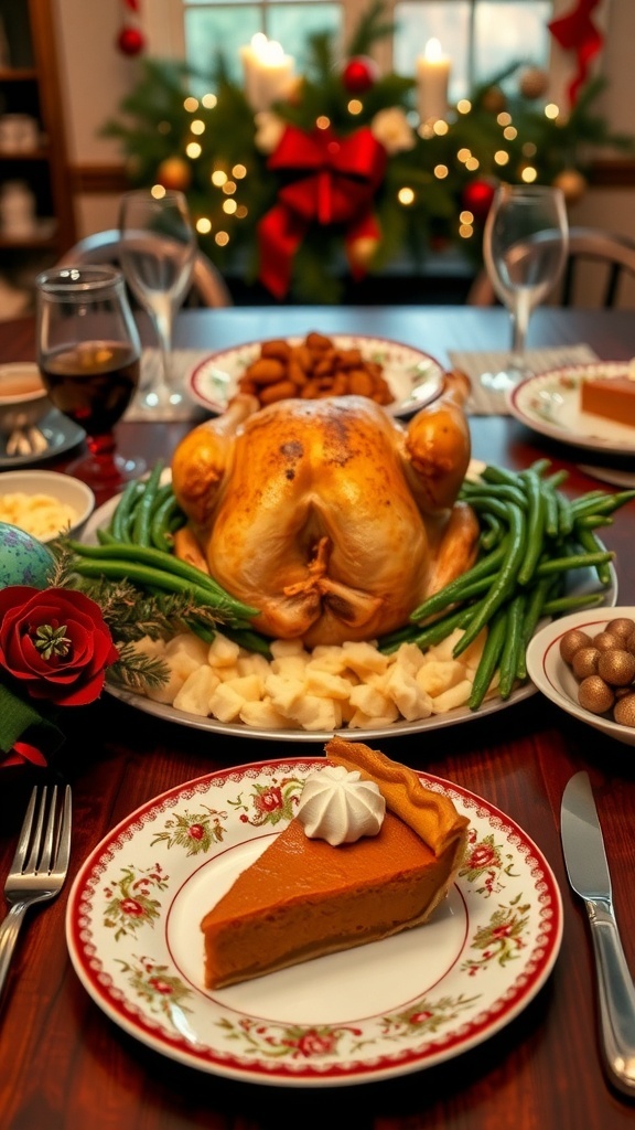 A festive Christmas dinner table with roasted chicken, mashed potatoes, green beans, and pumpkin pie for three.